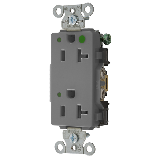 Product image for Hubbell 2182GYL Straight Blade Device, Decorator Duplex Receptacle, Hospital Grade, Hubbell-Pro, LED Indicator, 20A 125V, 2- Pole3-Wire Grounding, 5-20R, Gray