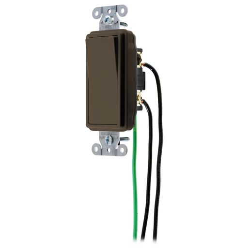 Switches and Lighting Controls, Spec Grade, Decorator Switches, General Purpose AC, Three Way, 15A 120/277V AC, Back and Side Wired, Pre-Wired with 8" #12 THHN, Brown