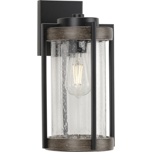 Product image for Progress P560282-31M Whitmire Collection One-Light Matte Black with Aged Oak Accents Clear Seeded Glass Farmhouse Outdoor Wall Lantern Light