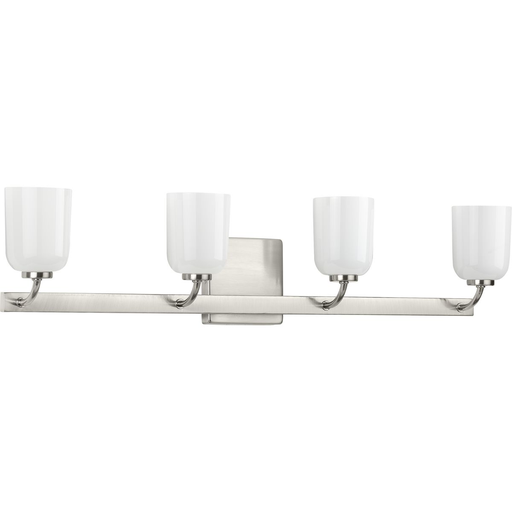 Product image for Progress P300283-009 Moore Collection Four-Light Brushed Nickel White Opal Glass Luxe Bath Vanity Light