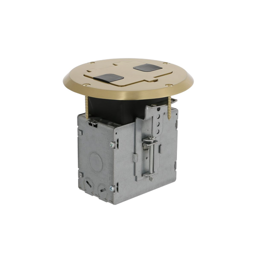 Product image for Raco 6239BP Single Gang Floor Box Kit with Recessed Duplex 15A TR Device and Adjustable Steel Box, Brass Finish