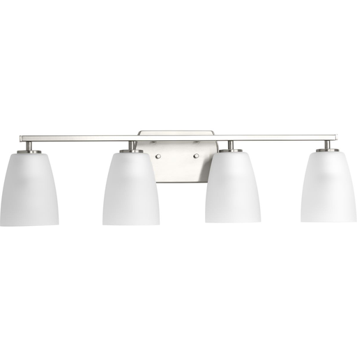 Product image for Progress P300134-009 Leap Collection Four-Light Brushed Nickel Etched Glass Modern Bath Vanity Light