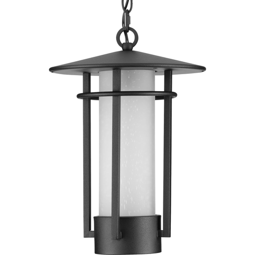 Product image for Progress P550097-031 Exton Collection One-Light Textured Black and Etched Seeded Glass Modern Style Outdoor Hanging Pendant Lantern