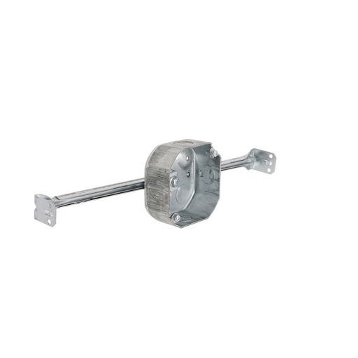 Raco 324 4" Octagon Box, Drawn, 1-1/2" Deep, (7) 1/2" KO's, Raised Ground, w/ Bar Hanger Product image for Raco 324 4" Octagon Box, Drawn, 1-1/2" Deep, (7) 1/2" KO's, Raised Ground, w/ Bar Hanger