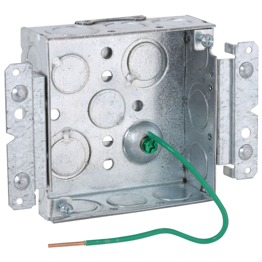 Product image for RACO 189M 4 x 4 x 1-1/2 Inch 21 In. Pre-Galvanized Steel HM Bracket/Ceiling/Wall Mount Welded Square Box with Pigtail