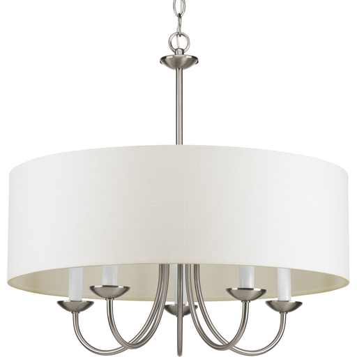Product image for Progress P4217-09 Drum Shade Collection Five-Light Brushed Nickel White Textured Linen Shade Farmhouse Chandelier Light