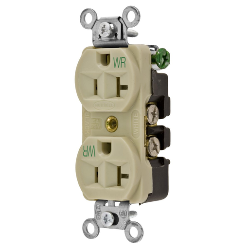 Straight Blade Devices, Weather Resistant Receptacles, Duplex, Commercial/Industrial Grade, 2-Pole 3-Wire Grounding, 15A 125V, 5-15R, Ivory