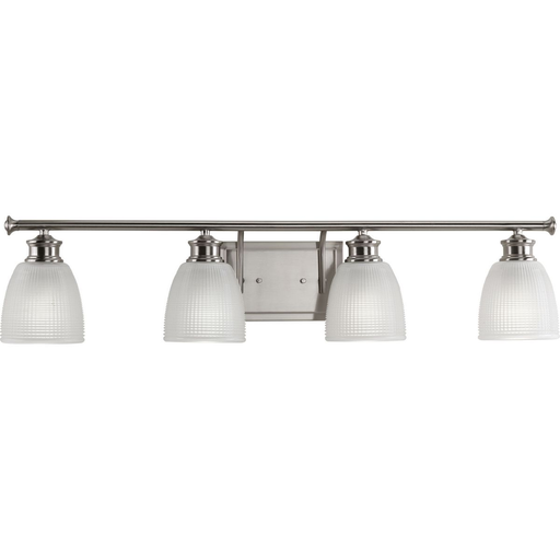 Product image for Progress P2118-09 Lucky Collection Four-Light Brushed Nickel White Prismatic Glass Coastal Bath Vanity Light