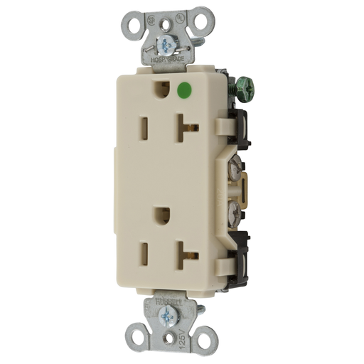 Product image for Hubbell 2182IV Straight Blade Device, Decorator Duplex Receptacle, Hospital Grade, Hubbell-Pro, 20A 125V, 2-Pole 3-Wire Grounding, 5-20R, Ivory