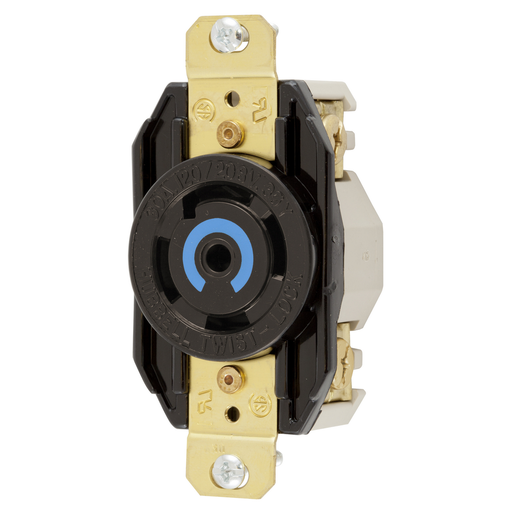 Locking Devices, Twist-Lock®,Single Flush Receptacle, 30A, 3 Phase Y 120/208V AC, 4 Pole, 5 Wire Grounding, NEMA L21-30R, Nylon face, ring terminal connection, Black