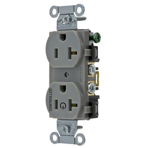 Mayer-DDS-Straight Blade Devices, Receptacles, Duplex, 1/2 Load Controlled, 20A 125V, 2-Pole 3-Wire Grounding, 5-20R, Back and Side Wired, Gray-1