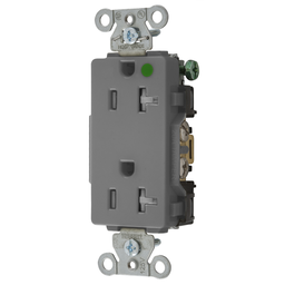 Product image for Hubbell 2182GYTRA Straight Blade Device, Tamper Resistant Decorator Duplex Receptacle, Hospital Grade, Hubbell-Pro, 20A 125V, 2- Pole 3-Wire Grounding, 5-20R, Gray