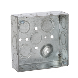 Product image for Raco 189 4" Steel Square Box, 1-1/2" Deep, 1/2" & 3/4" Side Knockouts, Welded, raised Ground