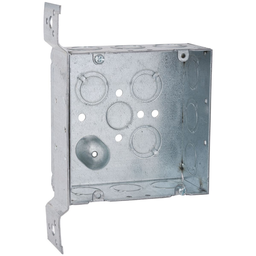 Raco 254 4-11/16" Steel Square Box, 2-1/8" Deep, 1/2" & 3/4" Side Knockouts, Wood/Metal Stud Bracket, Welded