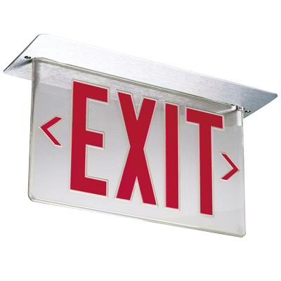 Product image for Lithonia LRP-2-RMR-DA-120/277-EL-N-PNL Edge-Lit LED Exit Sign, Double Face, Red Lettering on Mirror Background, Double Face Arrows, 120/277V, Nickel Cadmium Battery, Ceiling or Back Mount, Brushed Aluminum Housing - Panel Assembly Only