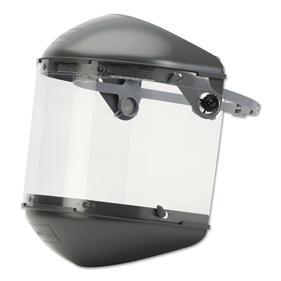 Dual crown high performance faceshields, F400 4″ crown with 6750CL clear window & chin guard complete, with 5000 Speedy Loop, attach to protective caps FM5400DCCL