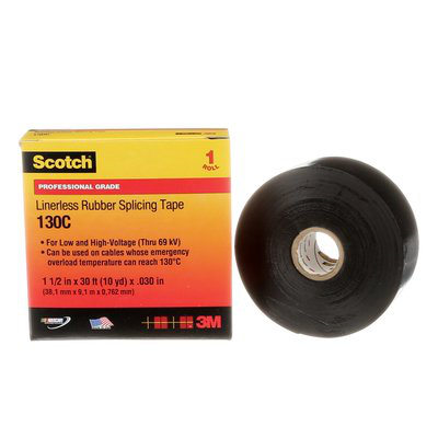 Scotch Linerless Rubber Splicing Tape 130C, 4 in x 10 ft, Black, 12 rolls/case, BULK