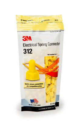 3M Electrical Spring Connector 312-POUCH, Yellow, 100 per Pouch
