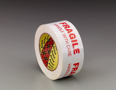 Scotch Printed Message Box Sealing Tape 3772 White, 48 mm x 100 m, 36 per case Bulk, Fragile Handle With Care