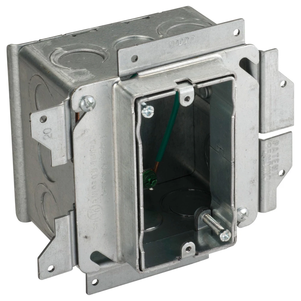 Product image for Caddy A1SFV1GS Caddy All-in-One Stud-Mounted With Adjustable Mud Ring, 1 Gang, 3/4"-1-1/2" Drywall, 2-1/2"