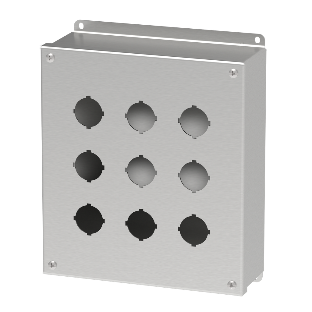 Hoffman E9PBSS 30.5-mm and 22.5-mm Pushbutton Enclosures, Type 4X, 9PB x 30.5mm, SS Type 304 Product image for Hoffman E9PBSS 30.5-mm and 22.5-mm Pushbutton Enclosures, Type 4X, 9PB x 30.5mm, SS Type 304