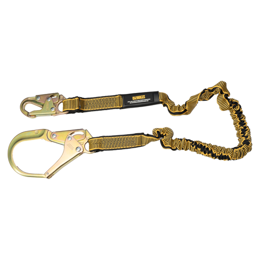 DEWALT 6 Ft. Lanyard, Single, Internal Absorber, 4' to 6' Stretch Lanyard With Steel Snap Hook on D-Ring End and Steel Rebar Hook on Anchor End.