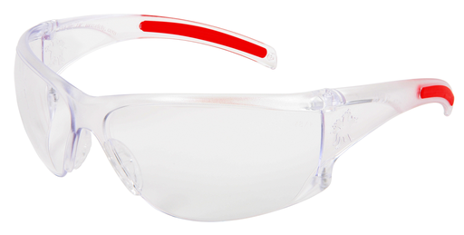 CLEAR FRAME, RED TEMPLE INSERT,
