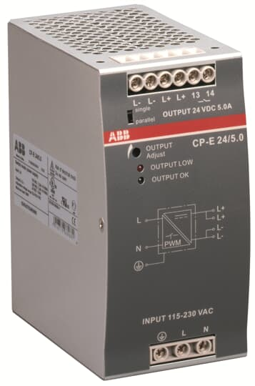 Product image for Thomas & Betts 1SVR427034R0000 90 to 132/180 to 264 VAC 210 to 375 VDC Input 24 VDC 5 Amp Output Power Supply