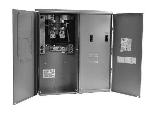 Product image for Midwest RS45508C All-In-One Service Equipment, Ringless / Lever Bypass, 400A 240V Single Phase, 8-Spaces, Surface Mount, Underground Feed, w/ Circuit Protection & Load Center, Galvanized Steel, NEMA-3R