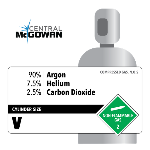 90% Argon, 7.5% Helium, 2.5% Carbon Dioxide, V, High Pressure Steel (HPS), CGA 580
