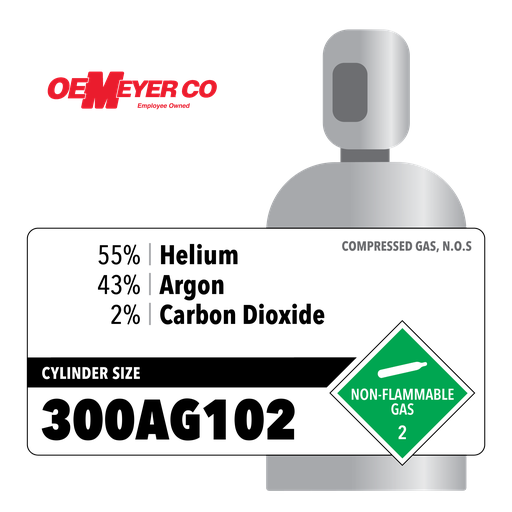 55% Helium, 43% Argon, 2% Carbon Dioxide, 300AG102, 300 ft3, High Pressure Steel (HPS), CGA 580