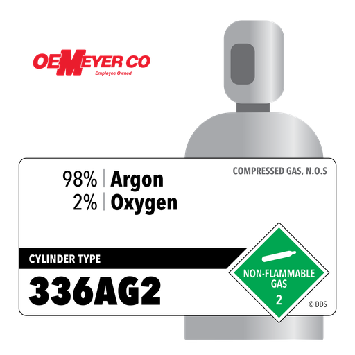 98% Argon, 2% Oxygen, 336AG2, 336 ft3, High Pressure Steel (HPS), CGA 580