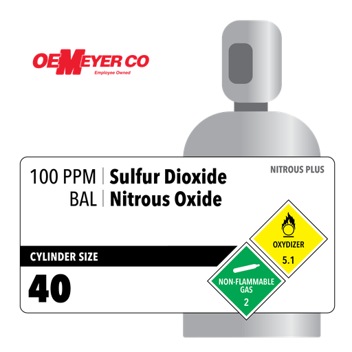 100 PPM Sulfur Dioxide, BAL Nitrous Oxide, 40, Racing, High Pressure Steel (HPS), CGA 326 (Syphon)