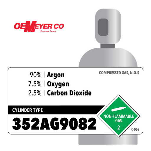 90% Argon, 7.5% Oxygen, 2.5% Carbon Dioxide, 352AG9082, 352 ft3, High Pressure Steel (HPS), CGA 580