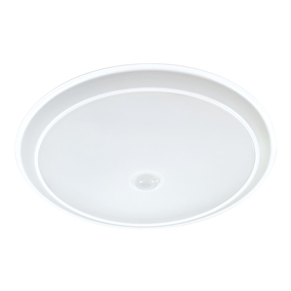 Product image for Halo HLSMS9129301EWH 9" motion sensor, LED surface light, 1200 lumens (nominal), 90 CRI minimum, 3000K CCT, 120V 60Hz, LE and TE phase, matte white flange cut 10 percent dimming, Compliant in all stat
