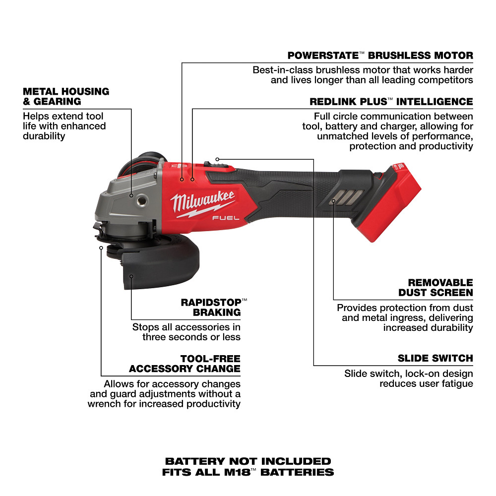 M18 FUEL™ 4-1/2" / 5" Variable Speed Braking Grinder, Slide Switch Lock-On