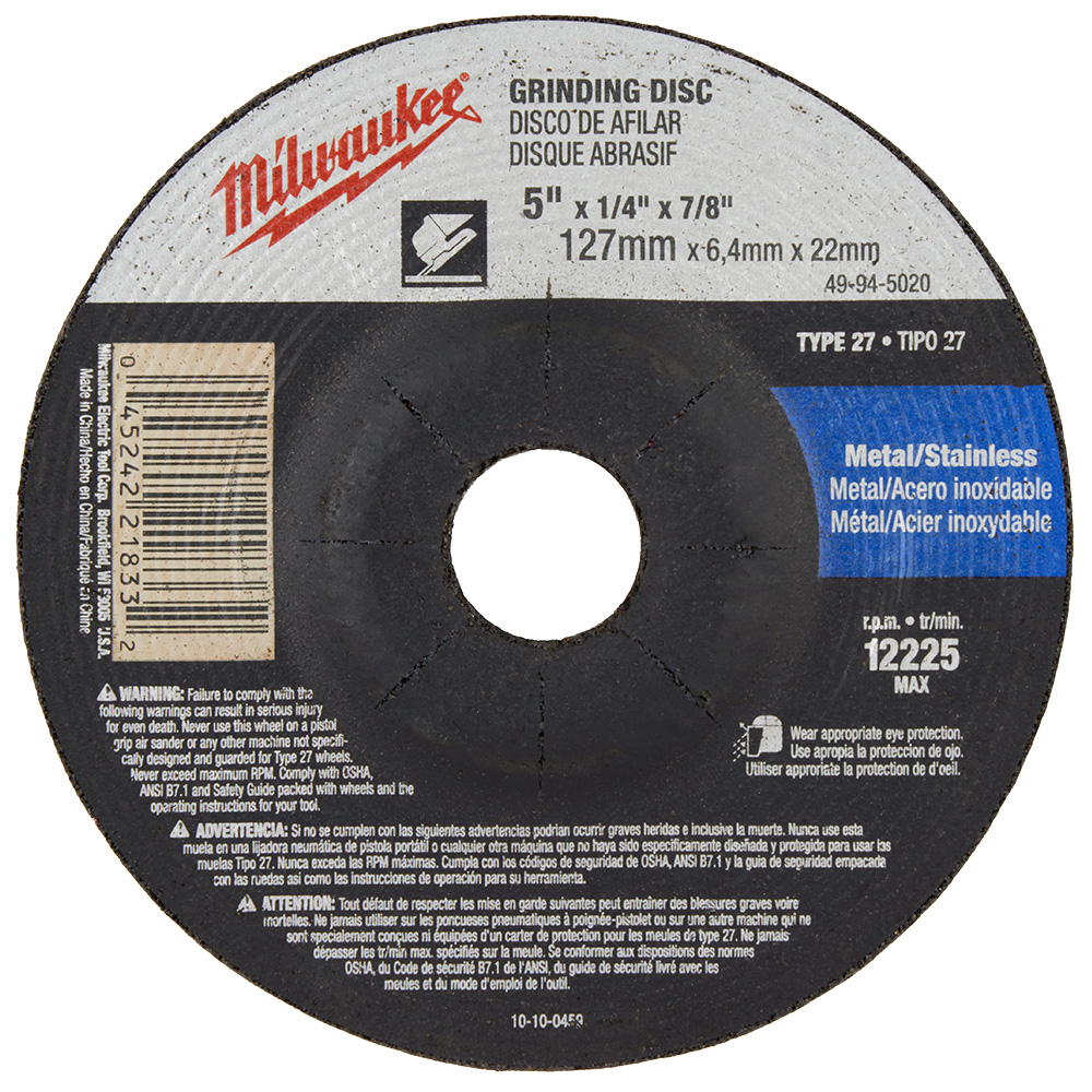Product image for Milwaukee 49-94-5020 5" x 1/4" x 7/8" Grinding Wheel (Type 27)
