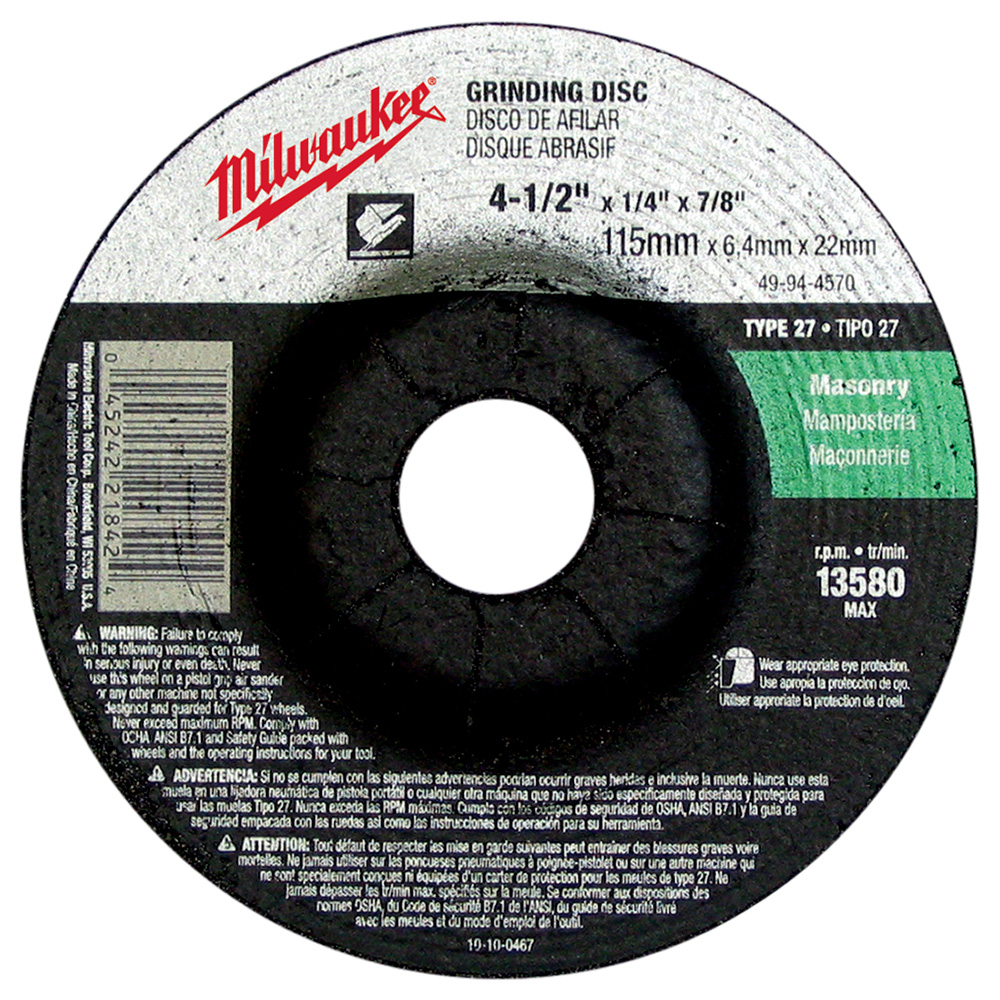 Product image for Milwaukee 49-94-4570 4-1/2" x 1/4" x 7/8" Grinding Wheel (Type 27)