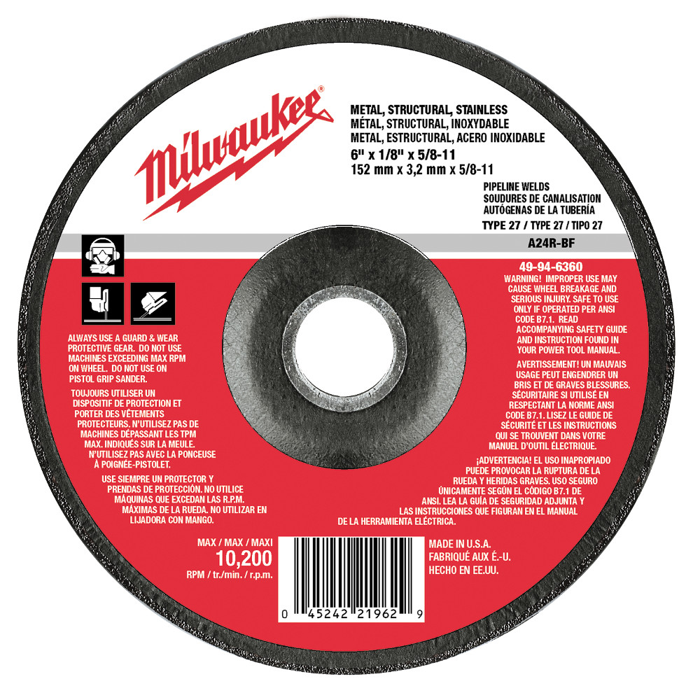 Product image for Milwaukee 49-94-4525 4-1/2" x 1/8" x 5/8 to 11" Grinding Wheel (Type 27)