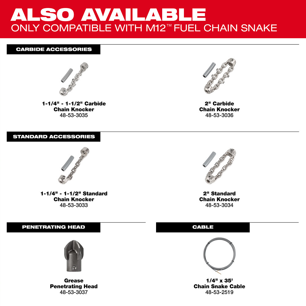 M12 FUEL™ High Speed Chain Snake for 1-1/4”-2” Pipes
