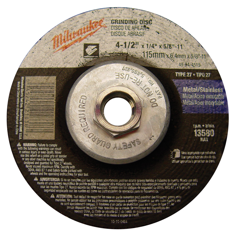 Product image for Milwaukee 49-94-4515 4-1/2" x 1/4" x 5/8-11" Grinding Wheel (Type 27)