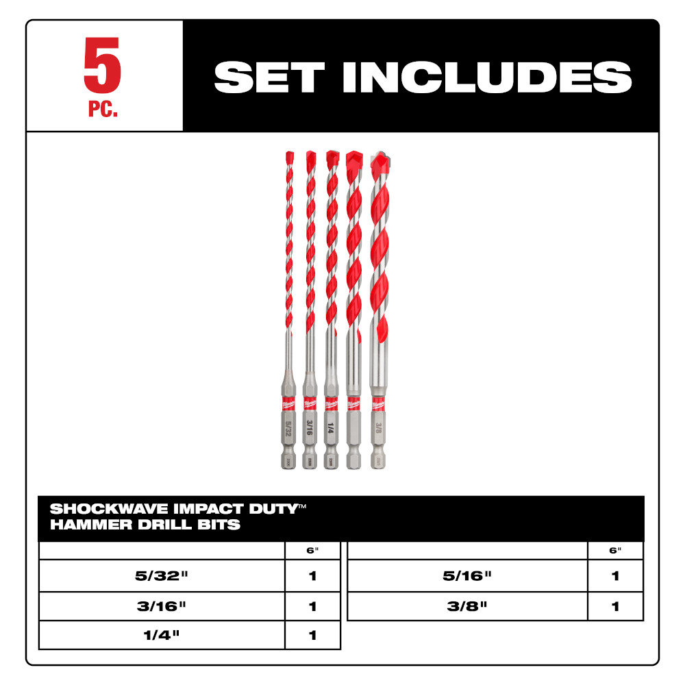 5PC SHOCKWAVE™ Impact Duty Carbide Hammer Drill Bit Set