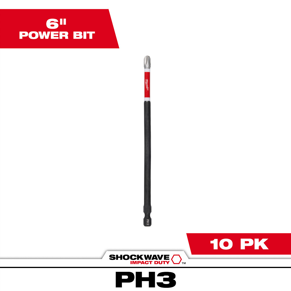Product image for Milwaukee 48-32-4808 SHOCKWAVE™ 6" Impact Phillips #3 Power Bits (10 Pack)