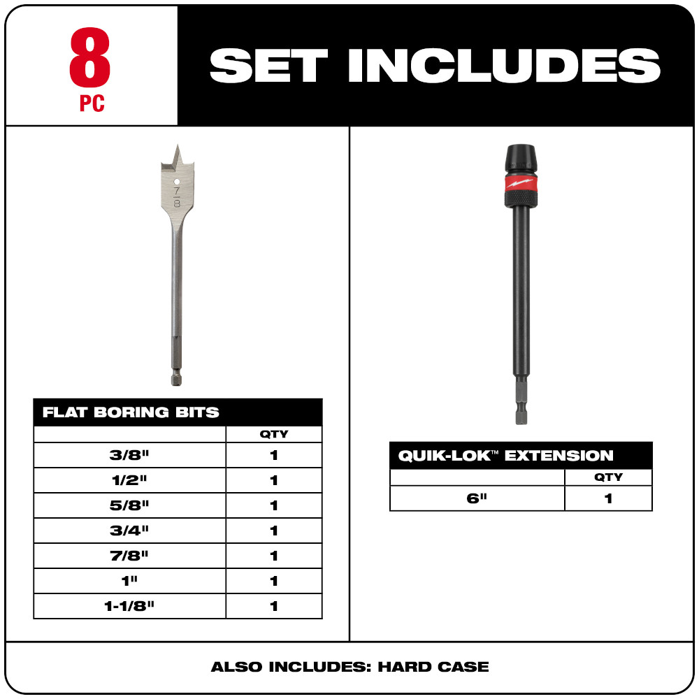 8PC Flat Boring Bit 6" Universal Set