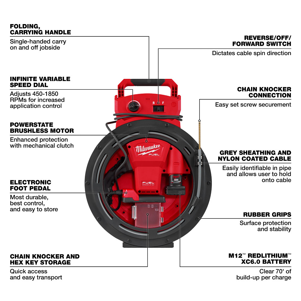 M12 FUEL™ High Speed Chain Snake for 1-1/4”-2” Pipes