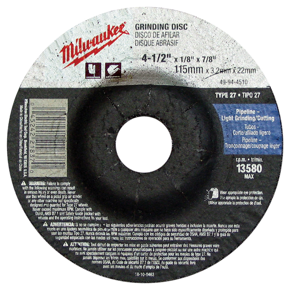 Product image for Milwaukee 49-94-4510 4-1/2" x 1/8" x 7/8" Grinding Wheel (Type 27)