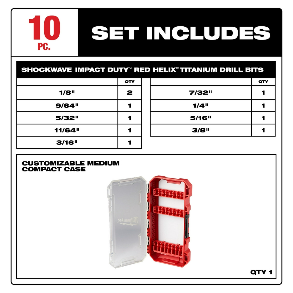 10PC SHOCKWAVE™ Impact Duty RED HELIX™ Titanium Drill Bit Set