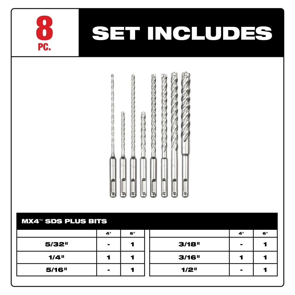 8 PC SDS Plus MX4™ 4-Cutter Drill Bit Kit