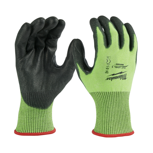 Product image for Milwaukee 48-73-8952 High Visibility Polyurethane Dipped Gloves, ANSI Cut Level 5 - Large (1pr)