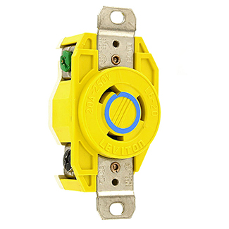 Product image for Leviton 23CM-20 20 Amp 250 Volt NEMA L6-20R 2-Pole 3-Wire Flush Mounting Industrial Grade Grounding Yellow Locking Receptacle